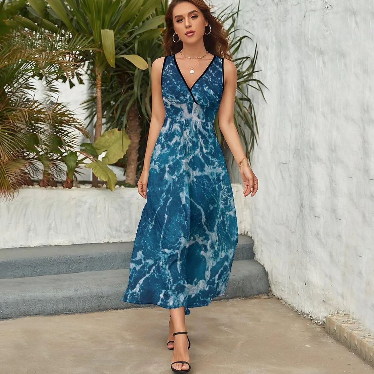 Sundresses for Women Summer Long Dress Sexy V Neck Casual Dress Beach Maxi Dress Flowy Loose Sleeveless Dress