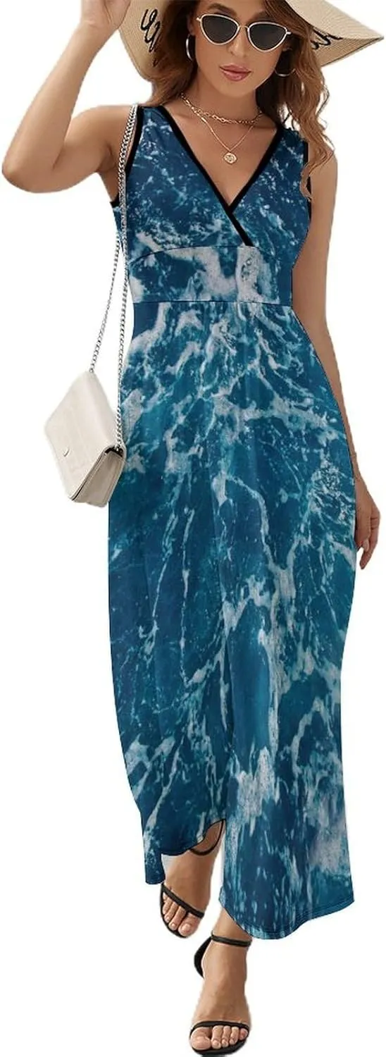 Sundresses for Women Summer Long Dress Sexy V Neck Casual Dress Beach Maxi Dress Flowy Loose Sleeveless Dress