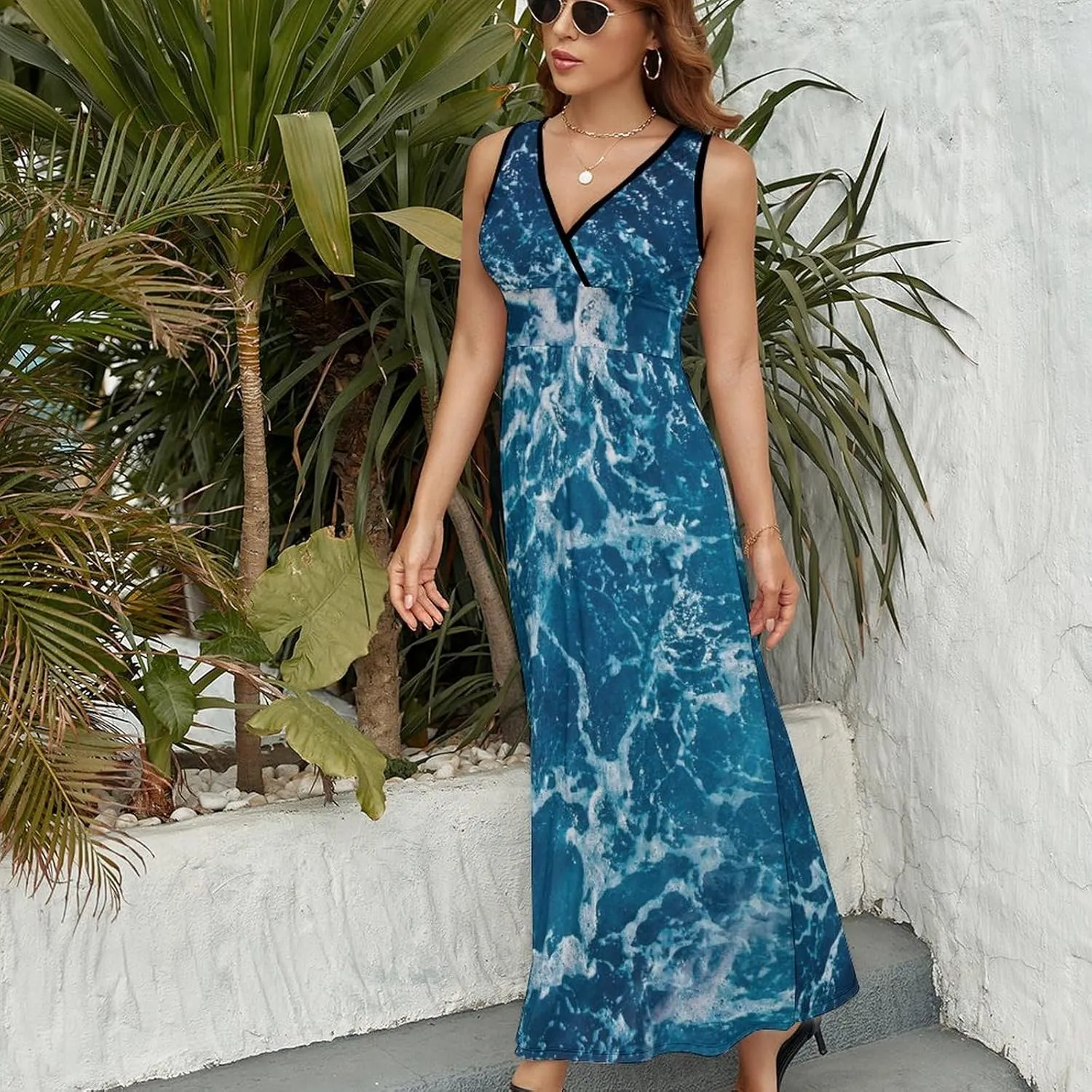 Sundresses for Women Summer Long Dress Sexy V Neck Casual Dress Beach Maxi Dress Flowy Loose Sleeveless Dress