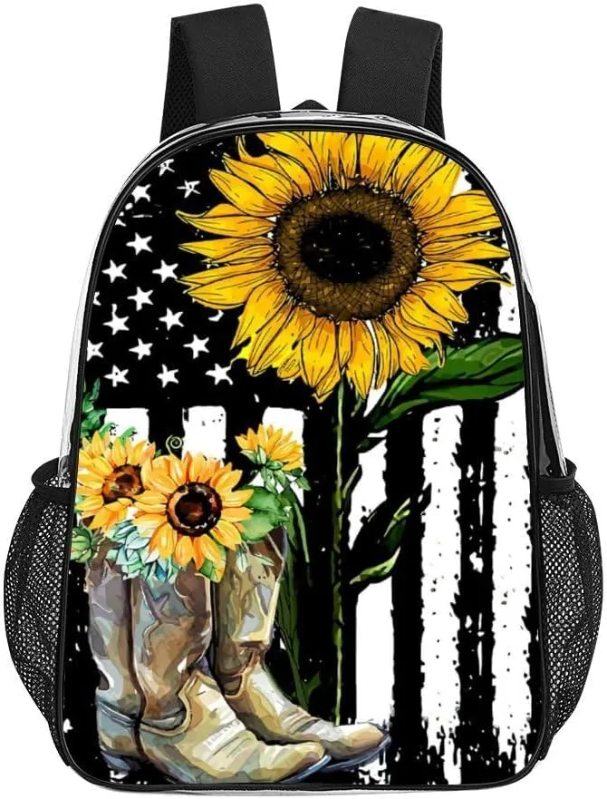 Sunflower Boots America Flag Clear Backpacks PVC Transparent Laptop Backpack Multipurpose Double Shoulder Bag for Men Women Gifts
