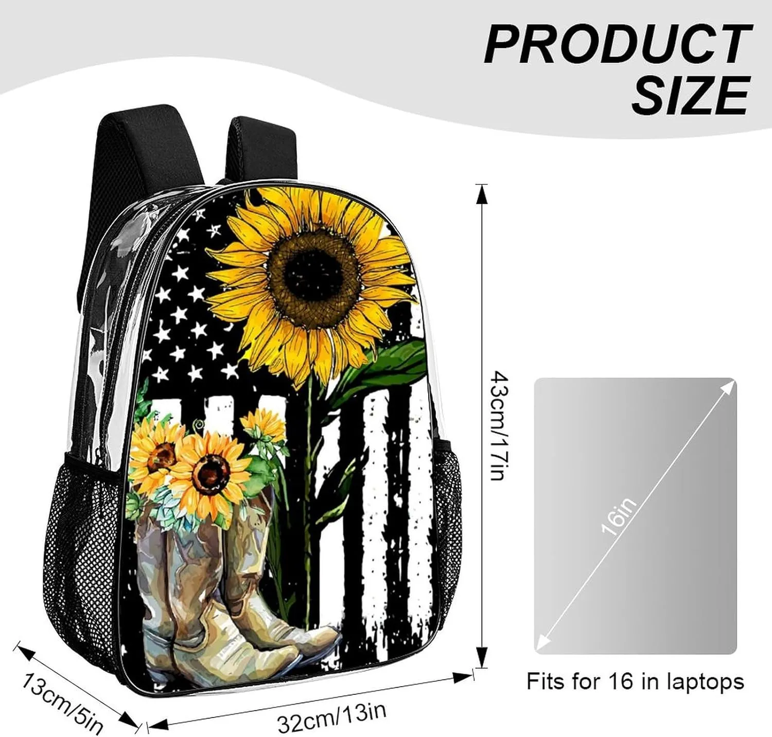 Sunflower Boots America Flag Clear Backpacks PVC Transparent Laptop Backpack Multipurpose Double Shoulder Bag for Men Women Gifts