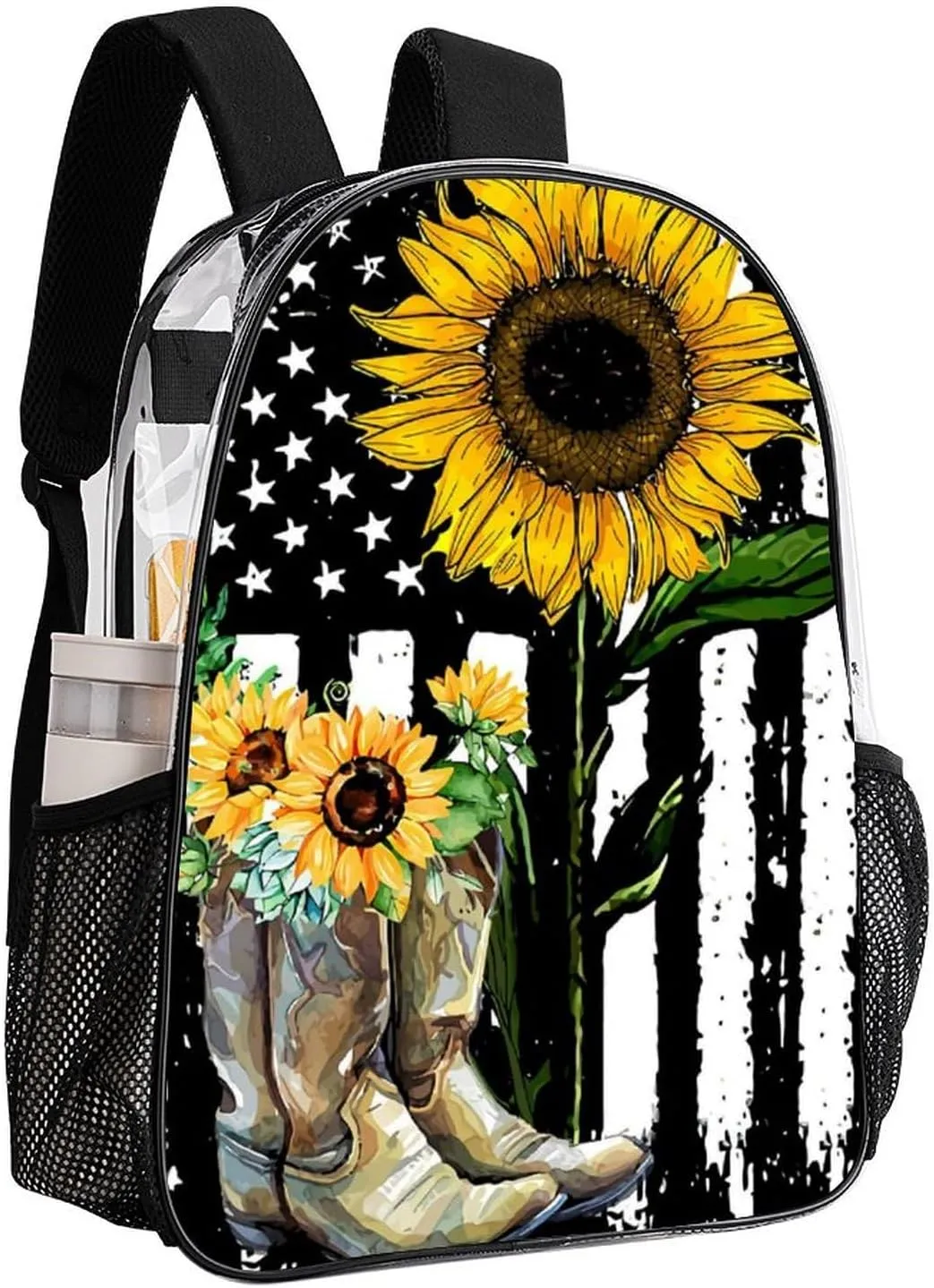 Sunflower Boots America Flag Clear Backpacks PVC Transparent Laptop Backpack Multipurpose Double Shoulder Bag for Men Women Gifts