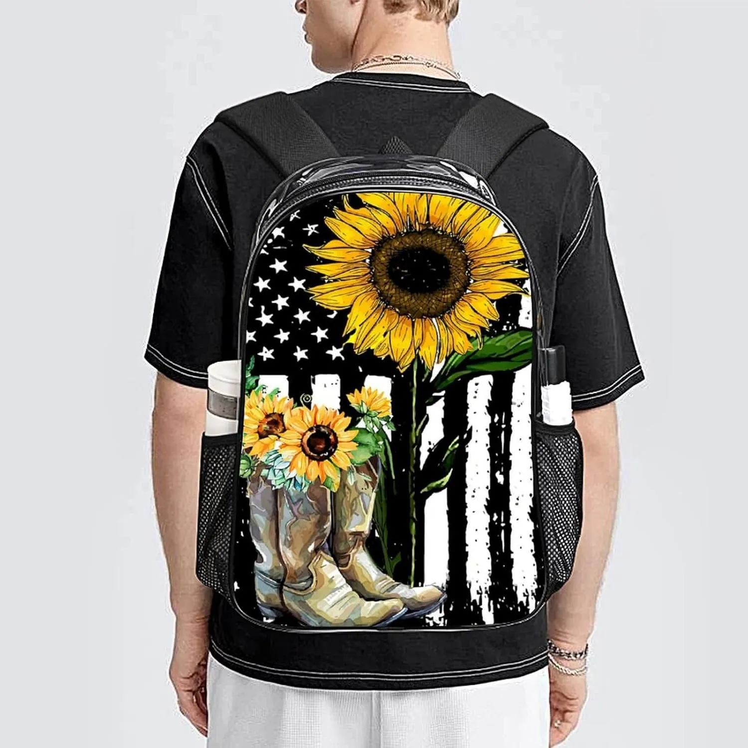 Sunflower Boots America Flag Clear Backpacks PVC Transparent Laptop Backpack Multipurpose Double Shoulder Bag for Men Women Gifts