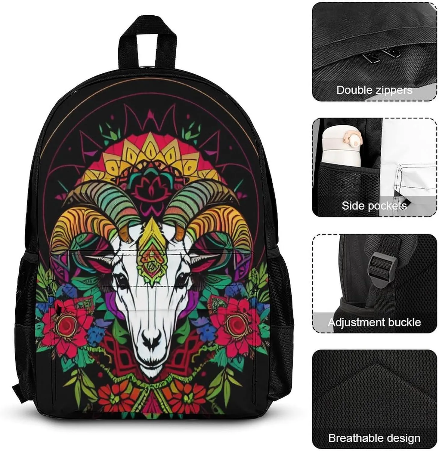 Supdreamc Lightweight Bookbags Adults Backpacks With Lunch Bag   Pencil Case (Psychedelic Goat Skull Art Backpack Set), One Size