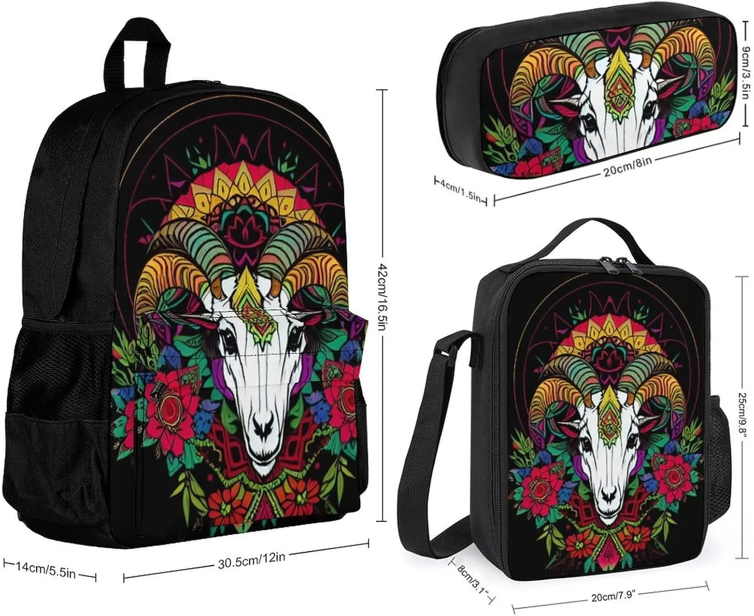 Supdreamc Lightweight Bookbags Adults Backpacks With Lunch Bag   Pencil Case (Psychedelic Goat Skull Art Backpack Set), One Size