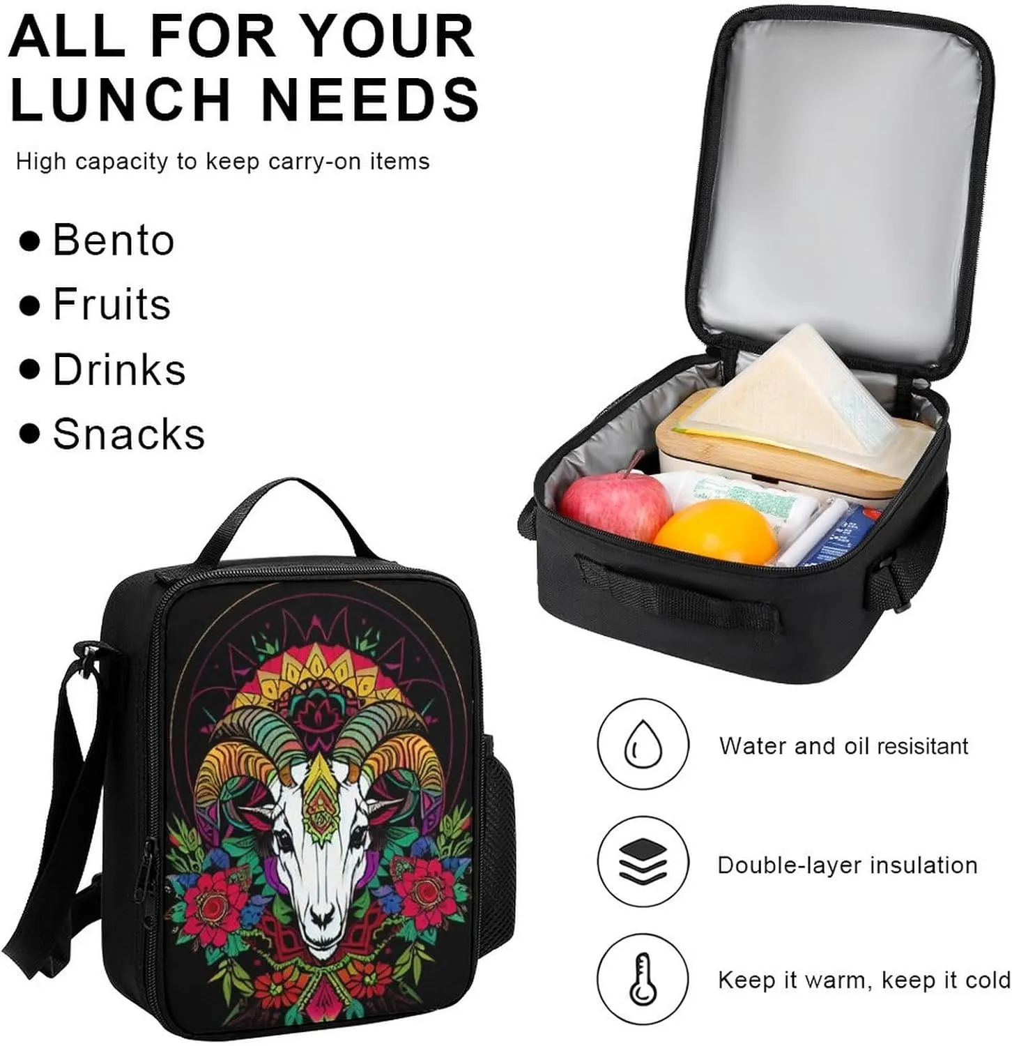 Supdreamc Lightweight Bookbags Adults Backpacks With Lunch Bag   Pencil Case (Psychedelic Goat Skull Art Backpack Set), One Size
