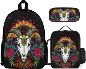 Supdreamc Lightweight Bookbags Adults Backpacks With Lunch Bag   Pencil Case (Psychedelic Goat Skull Art Backpack Set), One Size