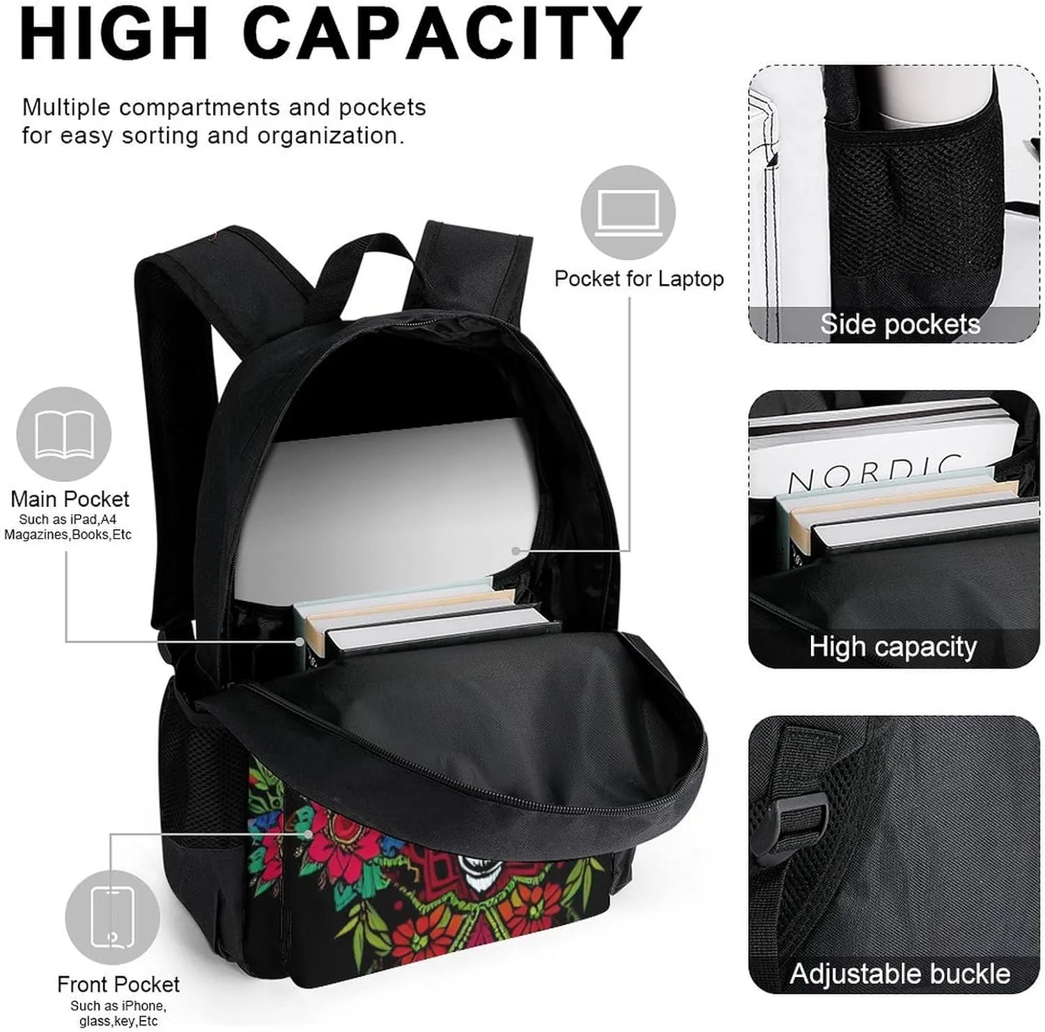 Supdreamc Lightweight Bookbags Adults Backpacks With Lunch Bag   Pencil Case (Psychedelic Goat Skull Art Backpack Set), One Size