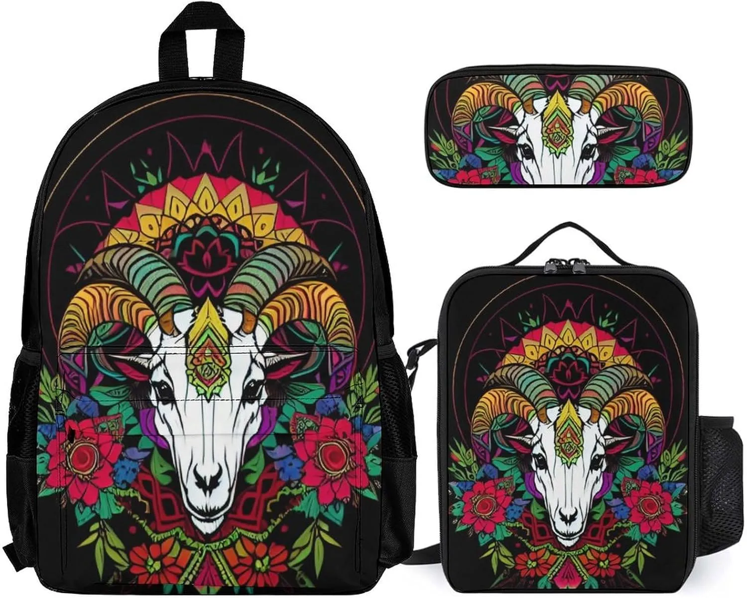Supdreamc Lightweight Bookbags Adults Backpacks With Lunch Bag   Pencil Case (Psychedelic Goat Skull Art Backpack Set), One Size