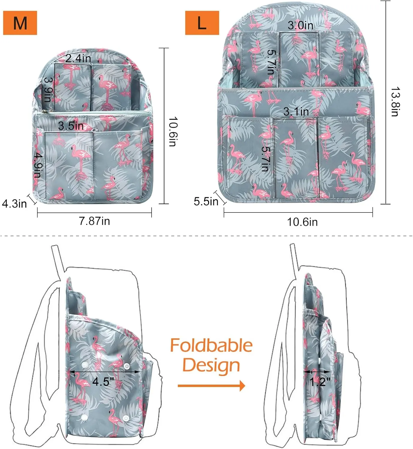 Surblue Backpack Organizer Insert Liner Hanging Travel Rucksack Purse and Handbag Insert Pocket, High-capacity Divider Foldable Nylon Shoulder Bag Organizer for Men and Women, (Flamingo, M)