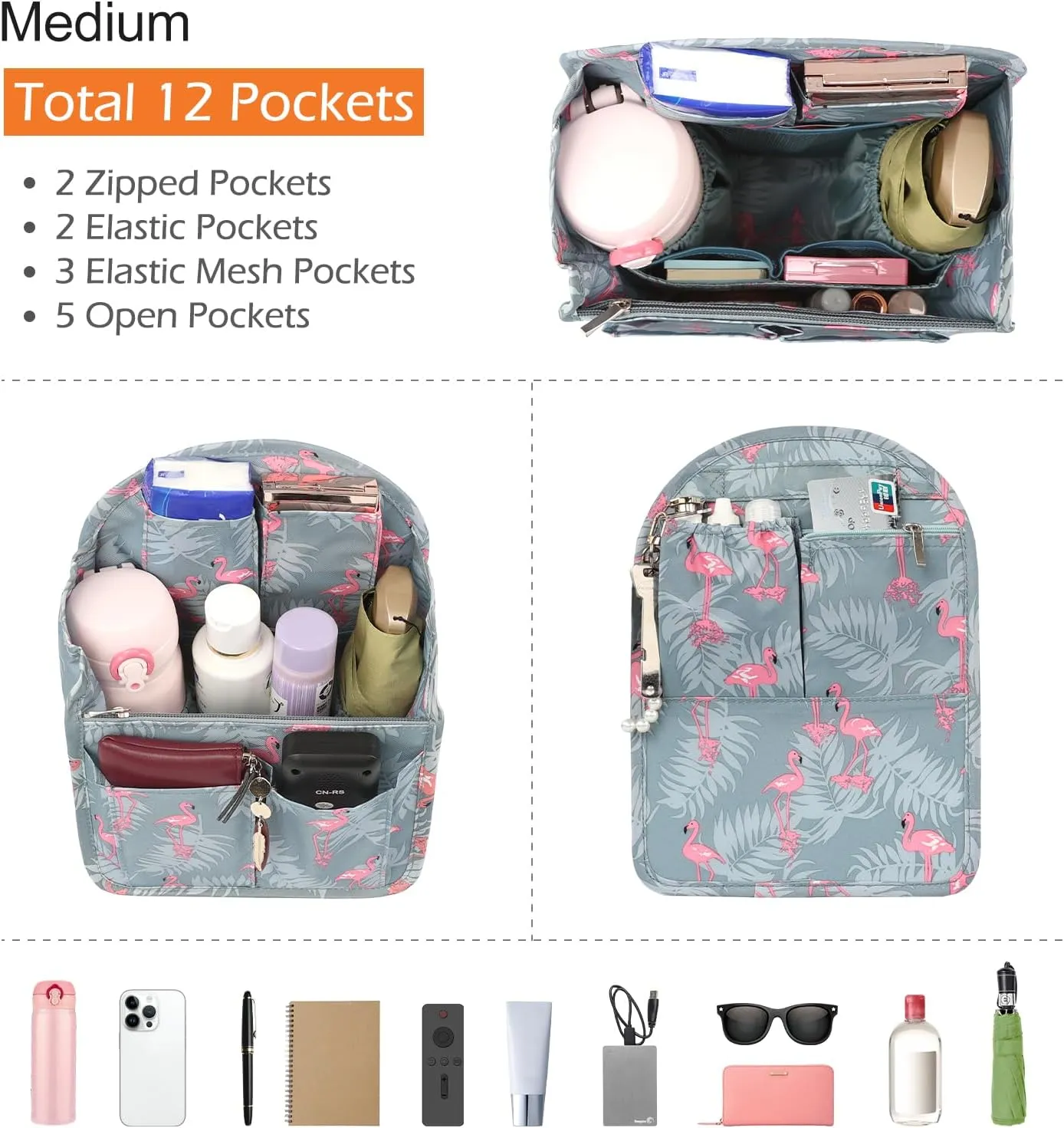 Surblue Backpack Organizer Insert Liner Hanging Travel Rucksack Purse and Handbag Insert Pocket, High-capacity Divider Foldable Nylon Shoulder Bag Organizer for Men and Women, (Flamingo, M)