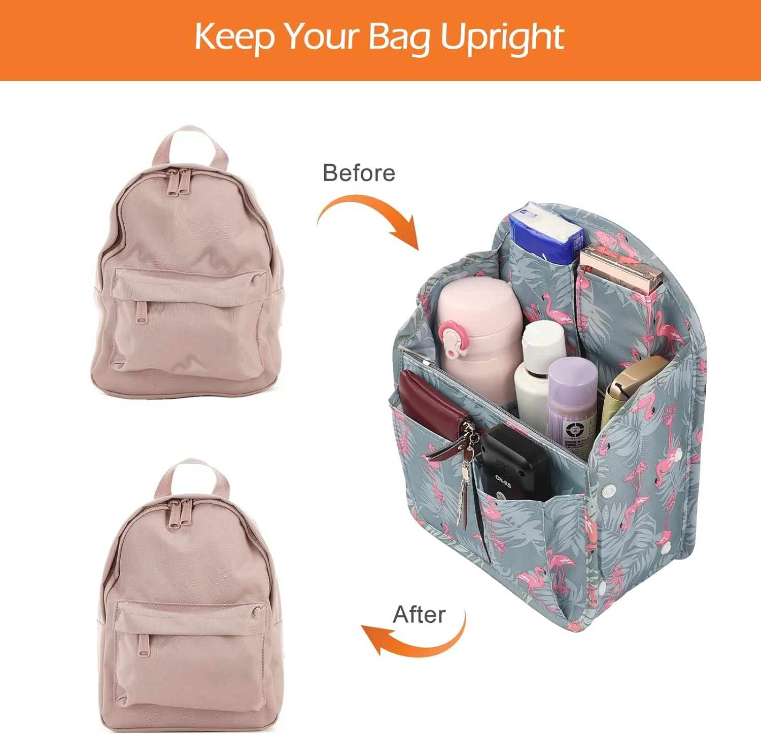 Surblue Backpack Organizer Insert Liner Hanging Travel Rucksack Purse and Handbag Insert Pocket, High-capacity Divider Foldable Nylon Shoulder Bag Organizer for Men and Women, (Flamingo, M)