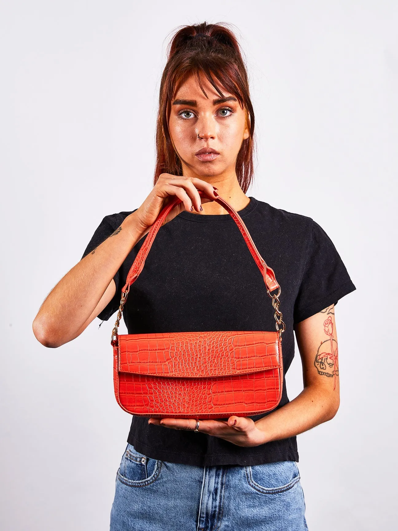 SVNX Croc PU Mini Pillow Bag with Flap in setting sun