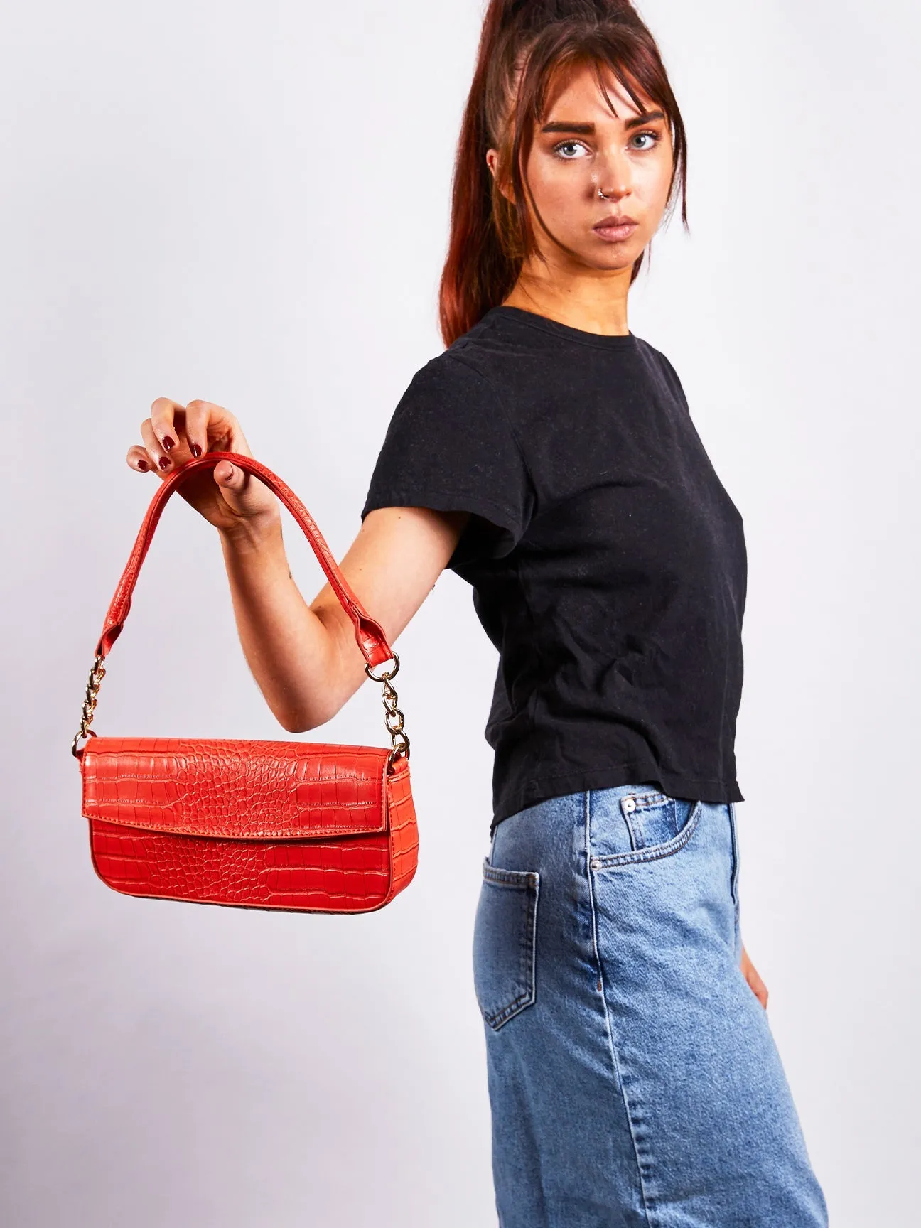 SVNX Croc PU Mini Pillow Bag with Flap in setting sun