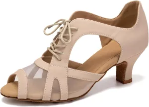 SWDZM Women's Lace-up Latin Dance Shoes Open Toe Ballroom Salsa Dance Practice Shoes,Model FT087