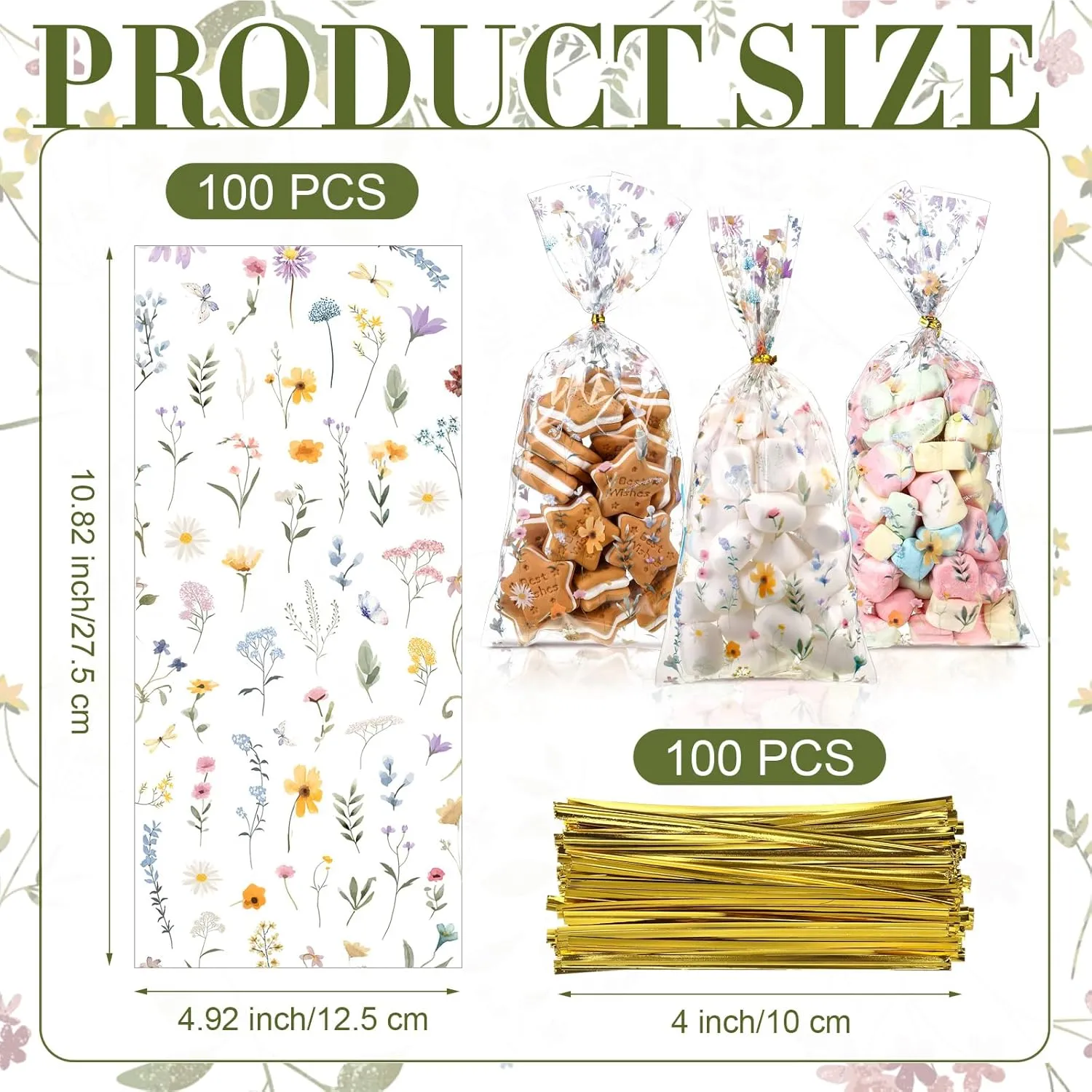 Sweetude 100 Pcs Wildflower Party Cellophane Treat Bags Floral Candy Plastic Clear Goody Bags Flat Bottom Gift supplies for Baby Shower Bridal Shower Birthday Wedding Party Favors,11 x 5