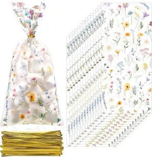 Sweetude 100 Pcs Wildflower Party Cellophane Treat Bags Floral Candy Plastic Clear Goody Bags Flat Bottom Gift supplies for Baby Shower Bridal Shower Birthday Wedding Party Favors,11 x 5