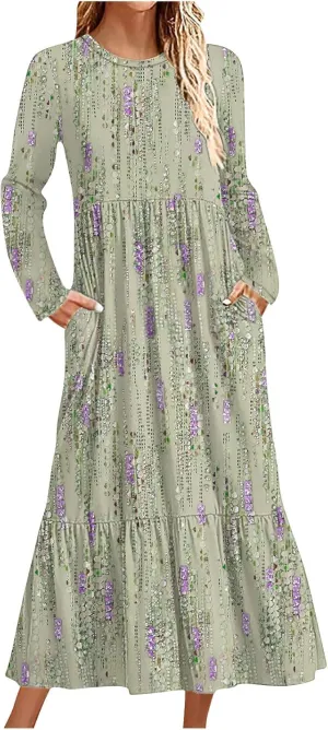 T Shirt Dresses for Women 2024 Vintage Long Sleeve Crewneck Boho Maxi Dress Casual Loose Tiered Ruffle Bohemian Dress