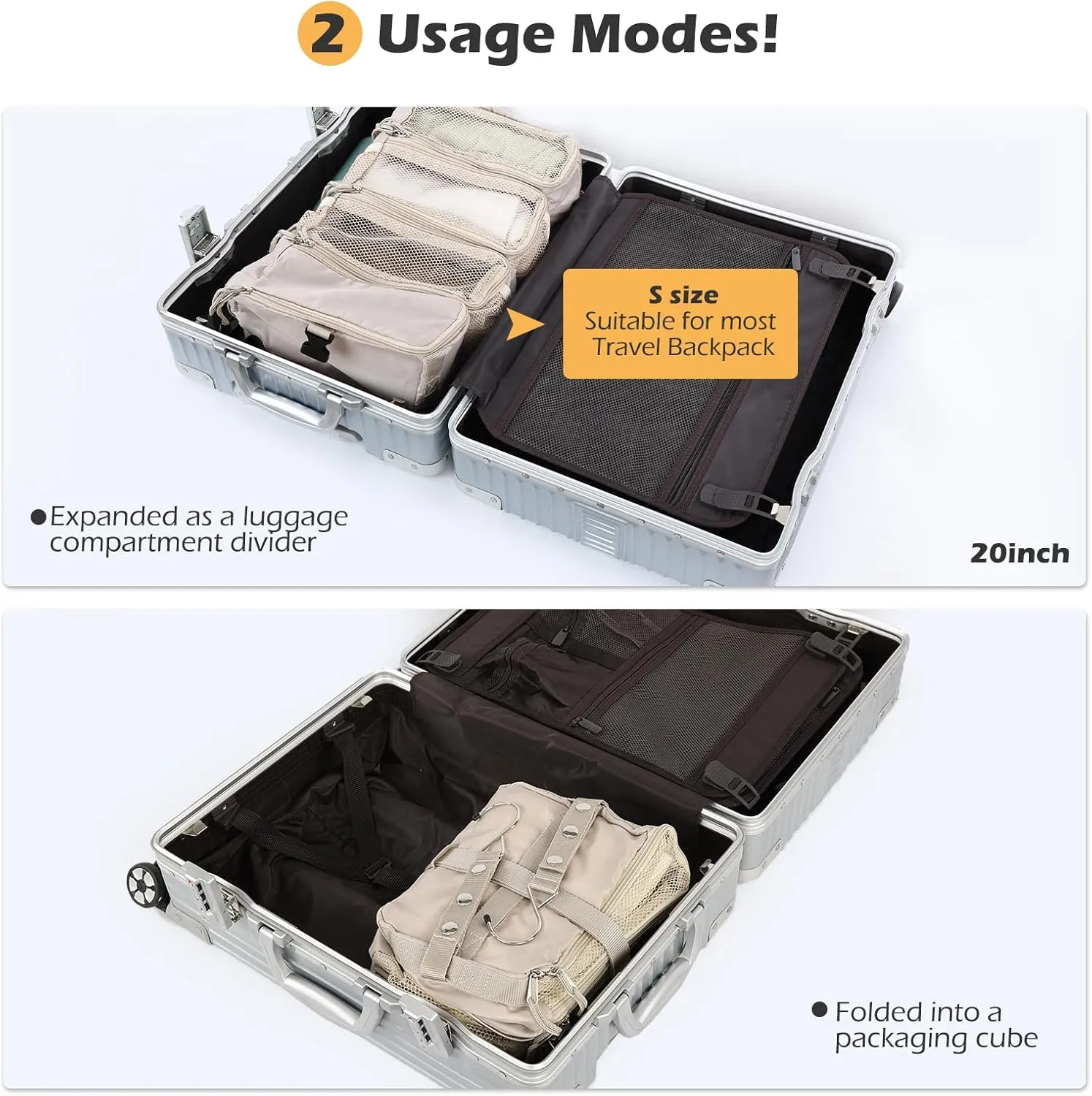 TABITORA Travel Luggage Organizer Hanging Packing Cubes Portable Hanging Shelves Carry on Closet for Suitcase with 2 Hooks,Collapsible(Beige,S)