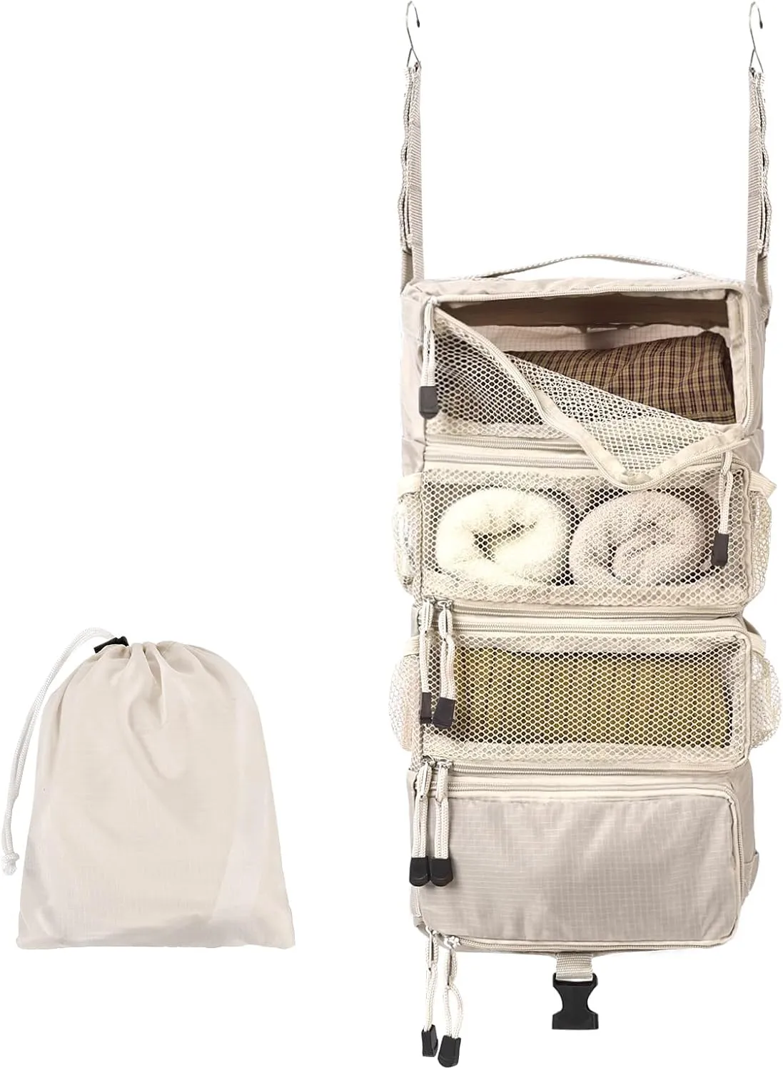 TABITORA Travel Luggage Organizer Hanging Packing Cubes Portable Hanging Shelves Carry on Closet for Suitcase with 2 Hooks,Collapsible(Beige,S)