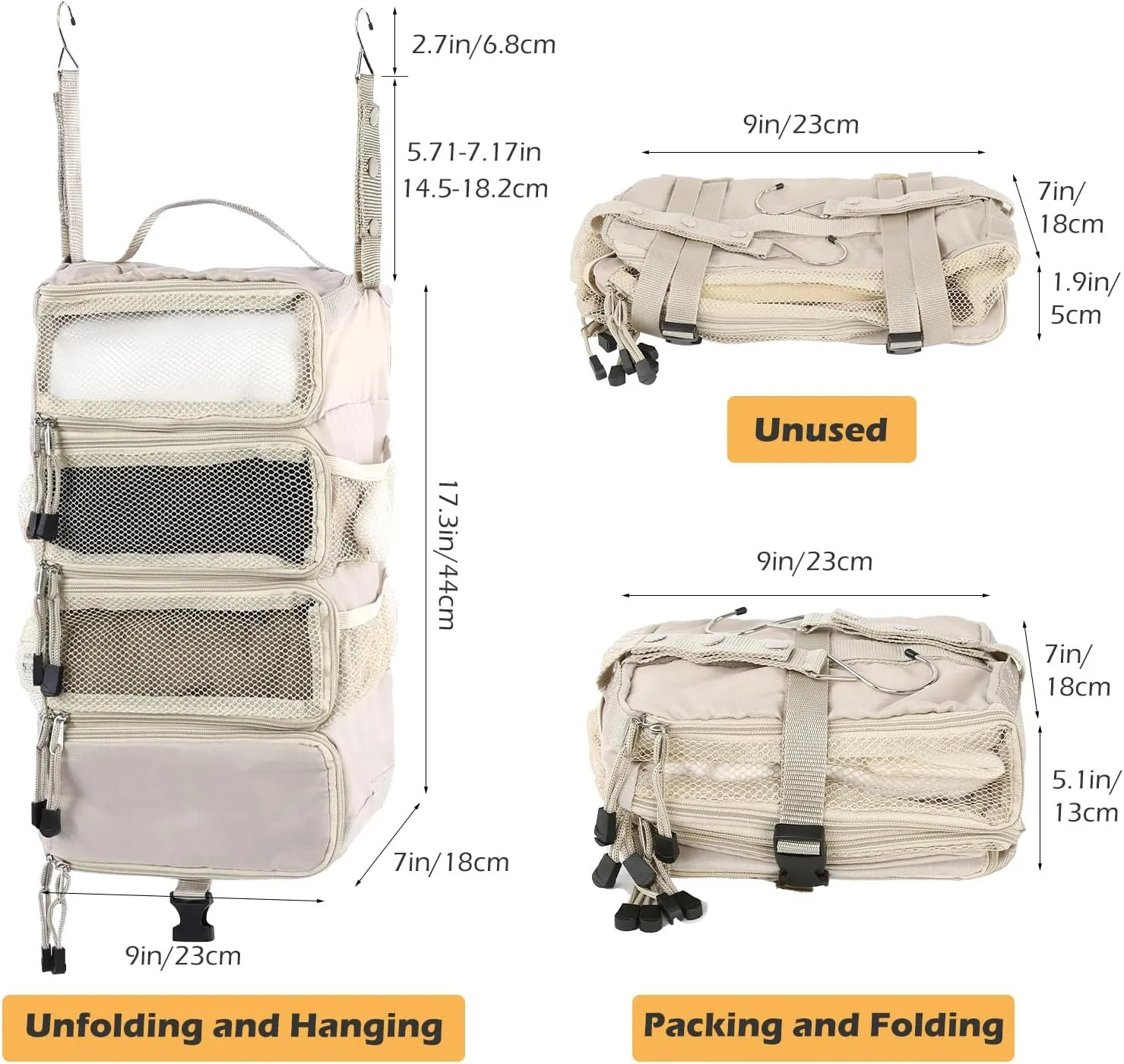 TABITORA Travel Luggage Organizer Hanging Packing Cubes Portable Hanging Shelves Carry on Closet for Suitcase with 2 Hooks,Collapsible(Beige,S)