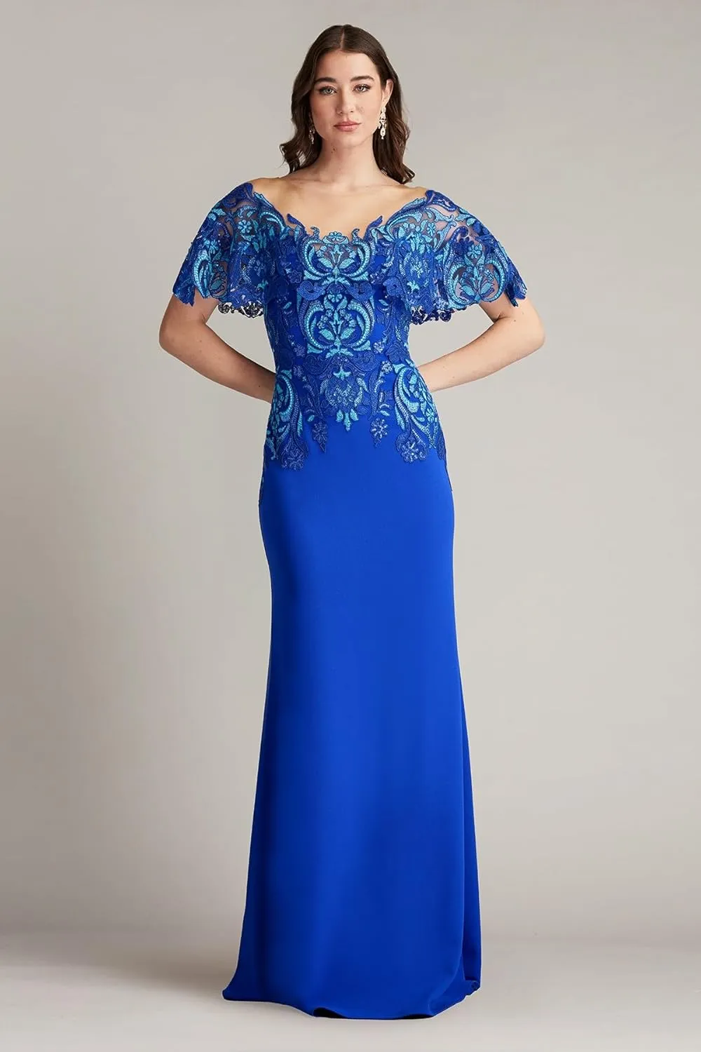 Tadashi Shoji Deming Ruffled Sleeve Illusion Gown