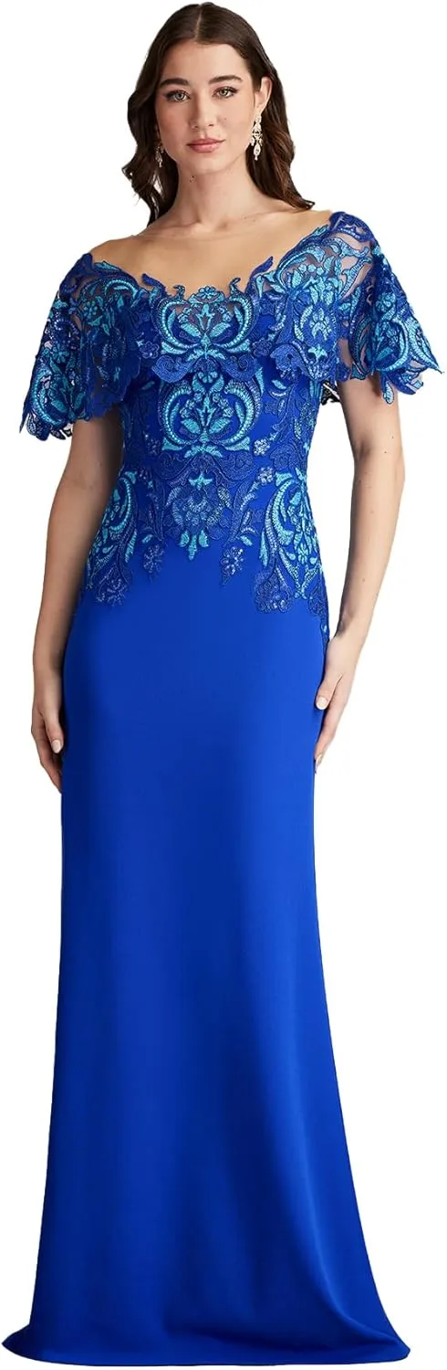 Tadashi Shoji Deming Ruffled Sleeve Illusion Gown