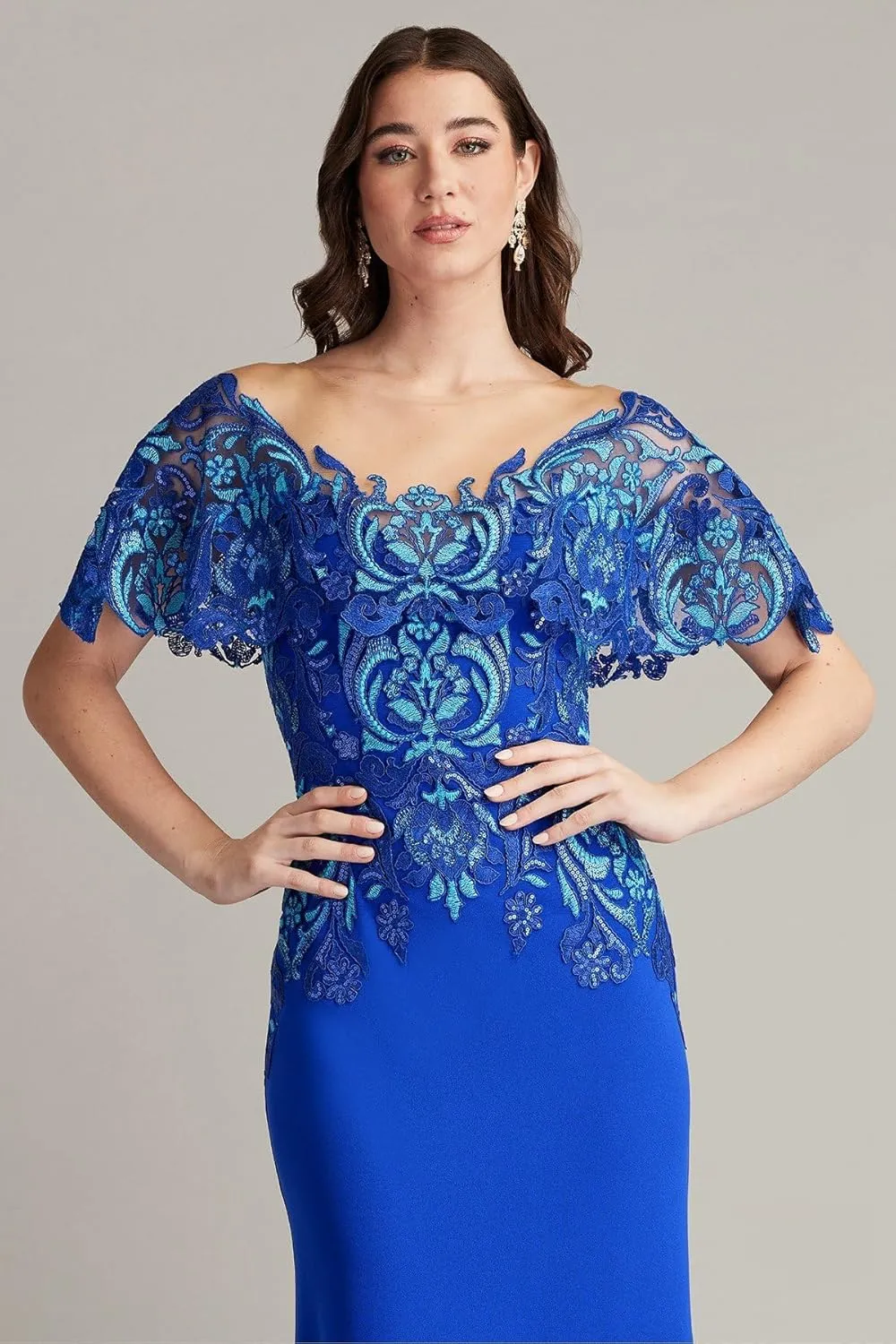 Tadashi Shoji Deming Ruffled Sleeve Illusion Gown