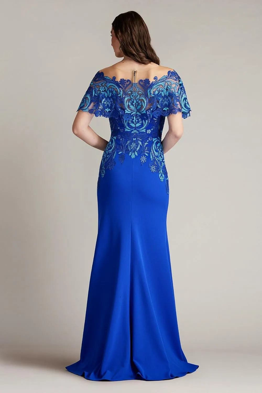 Tadashi Shoji Deming Ruffled Sleeve Illusion Gown