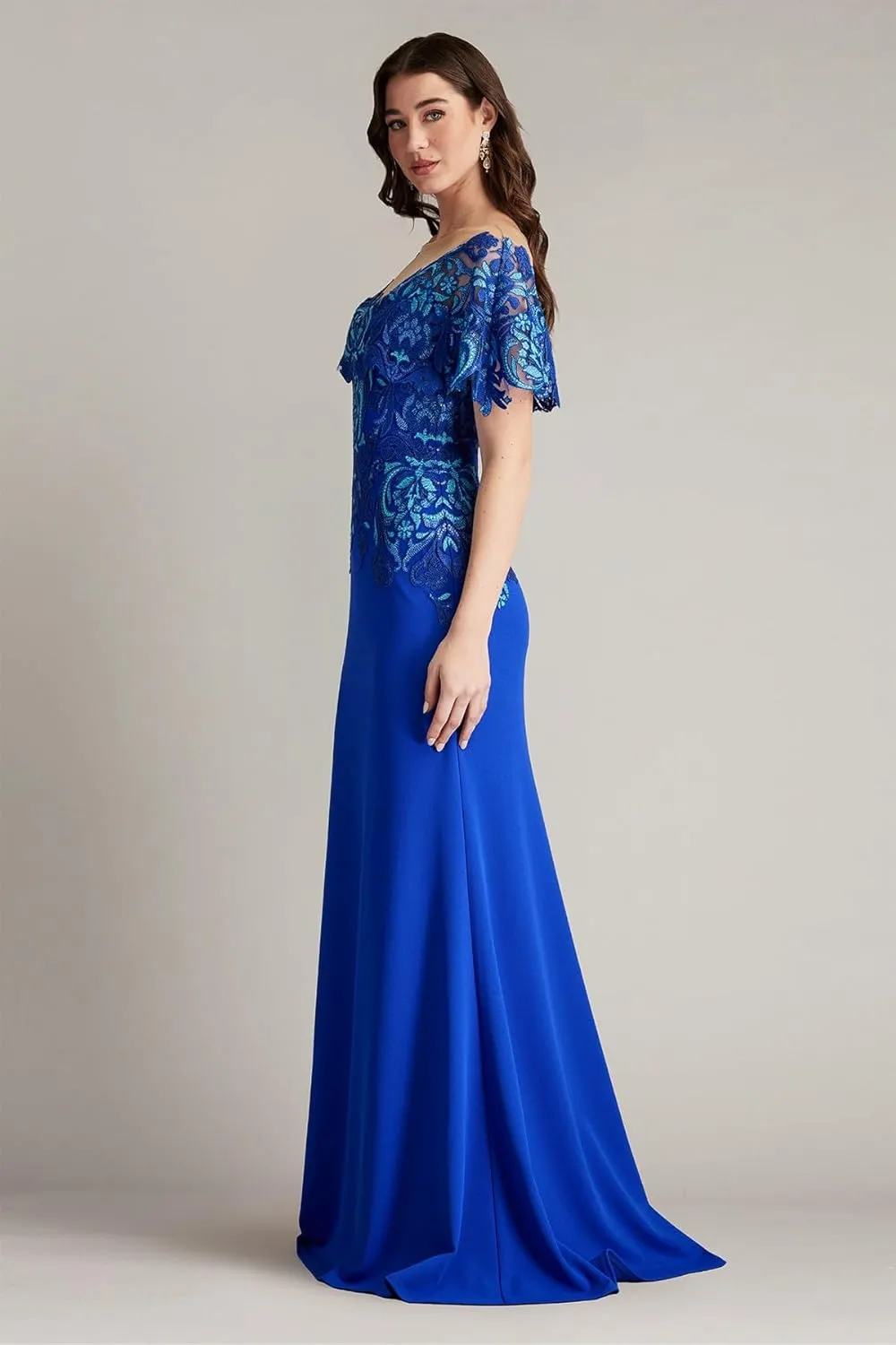 Tadashi Shoji Deming Ruffled Sleeve Illusion Gown