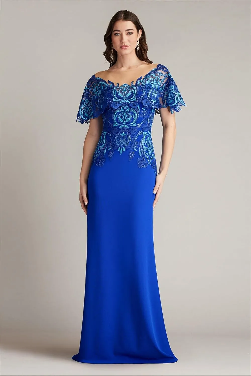 Tadashi Shoji Deming Ruffled Sleeve Illusion Gown