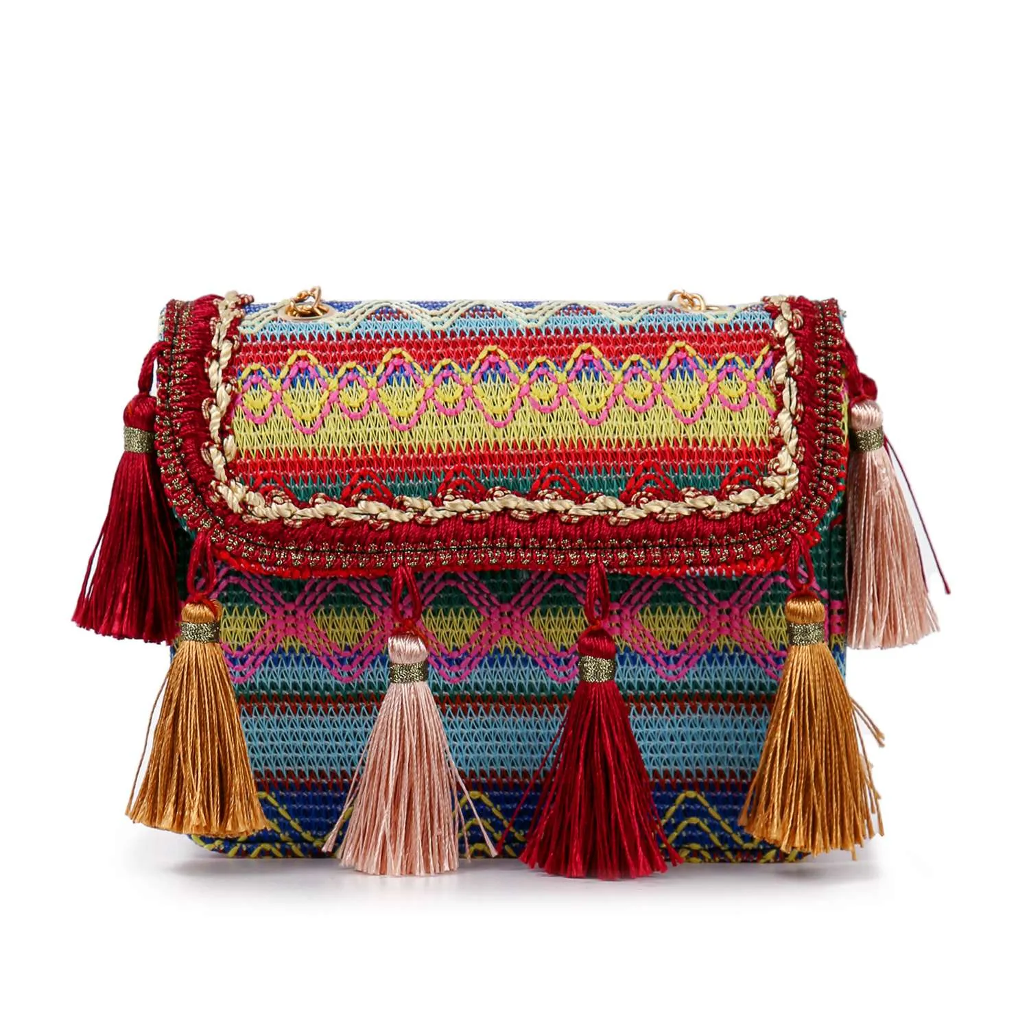 Tassel Accented Woven Design Shoulder Bag