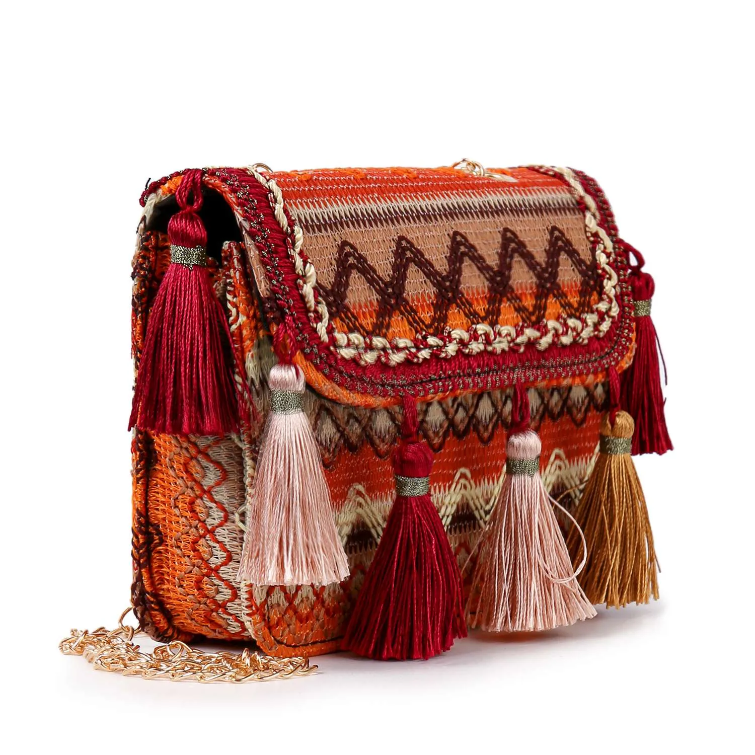 Tassel Accented Woven Design Shoulder Bag
