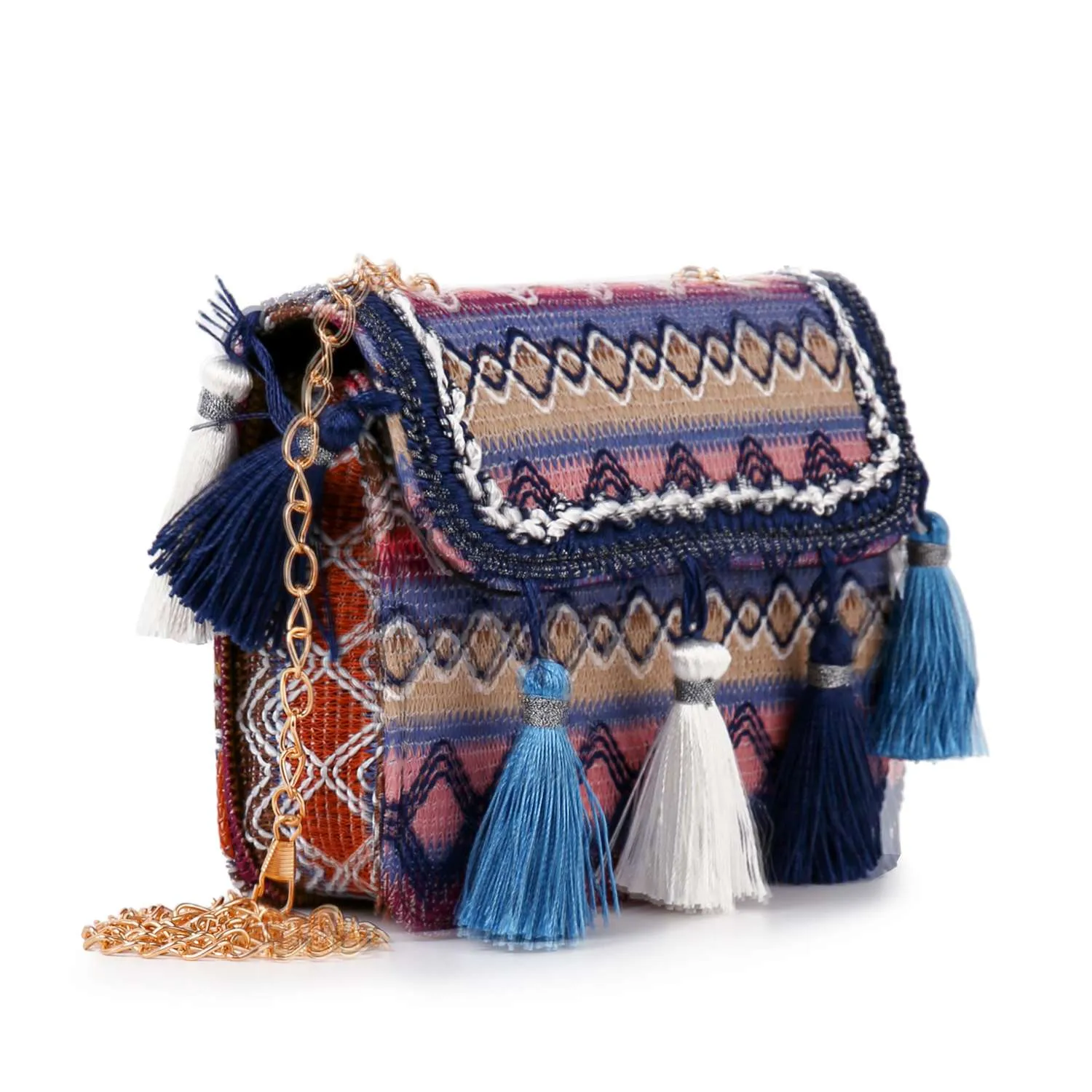 Tassel Accented Woven Design Shoulder Bag