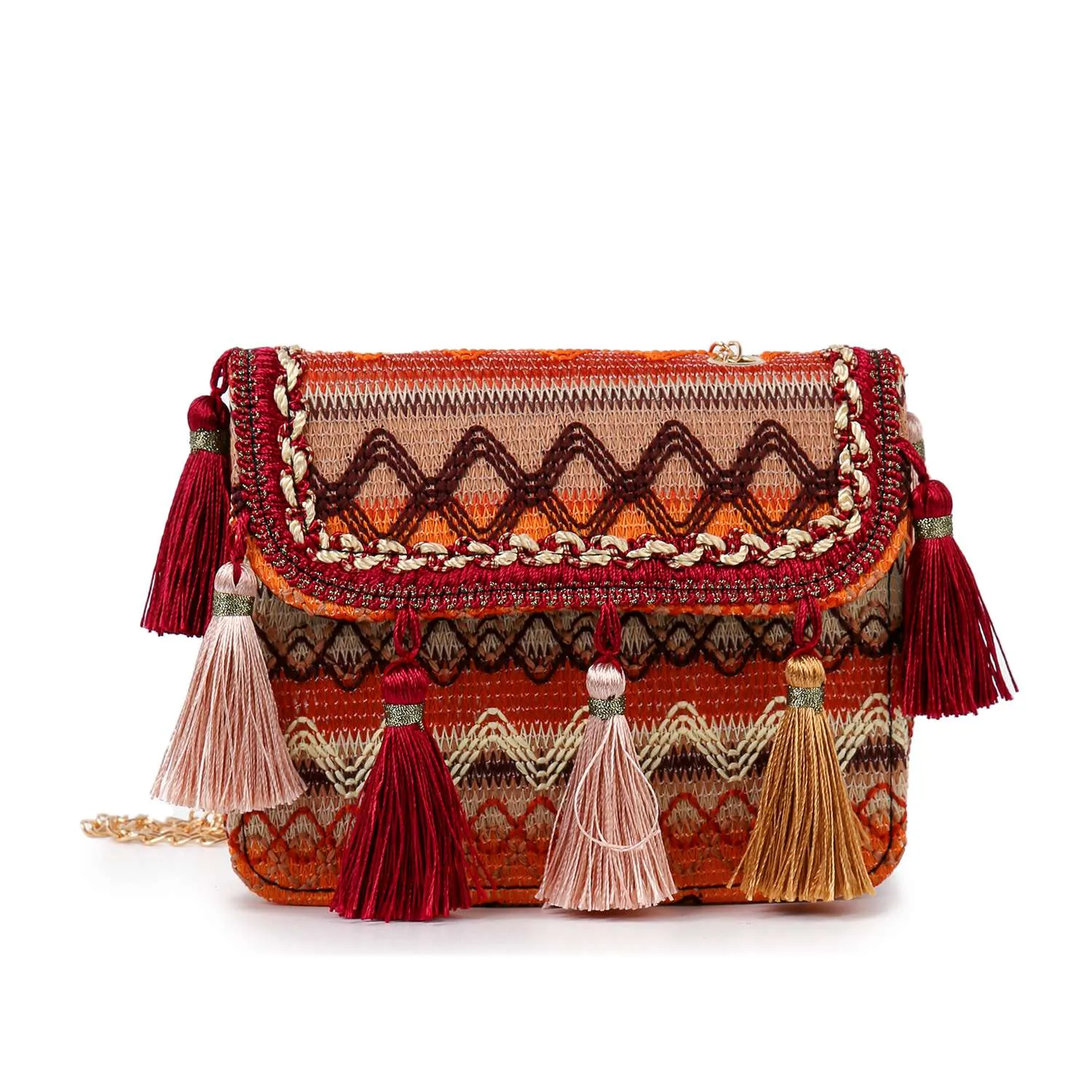 Tassel Accented Woven Design Shoulder Bag