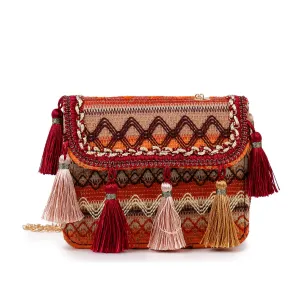 Tassel Accented Woven Design Shoulder Bag
