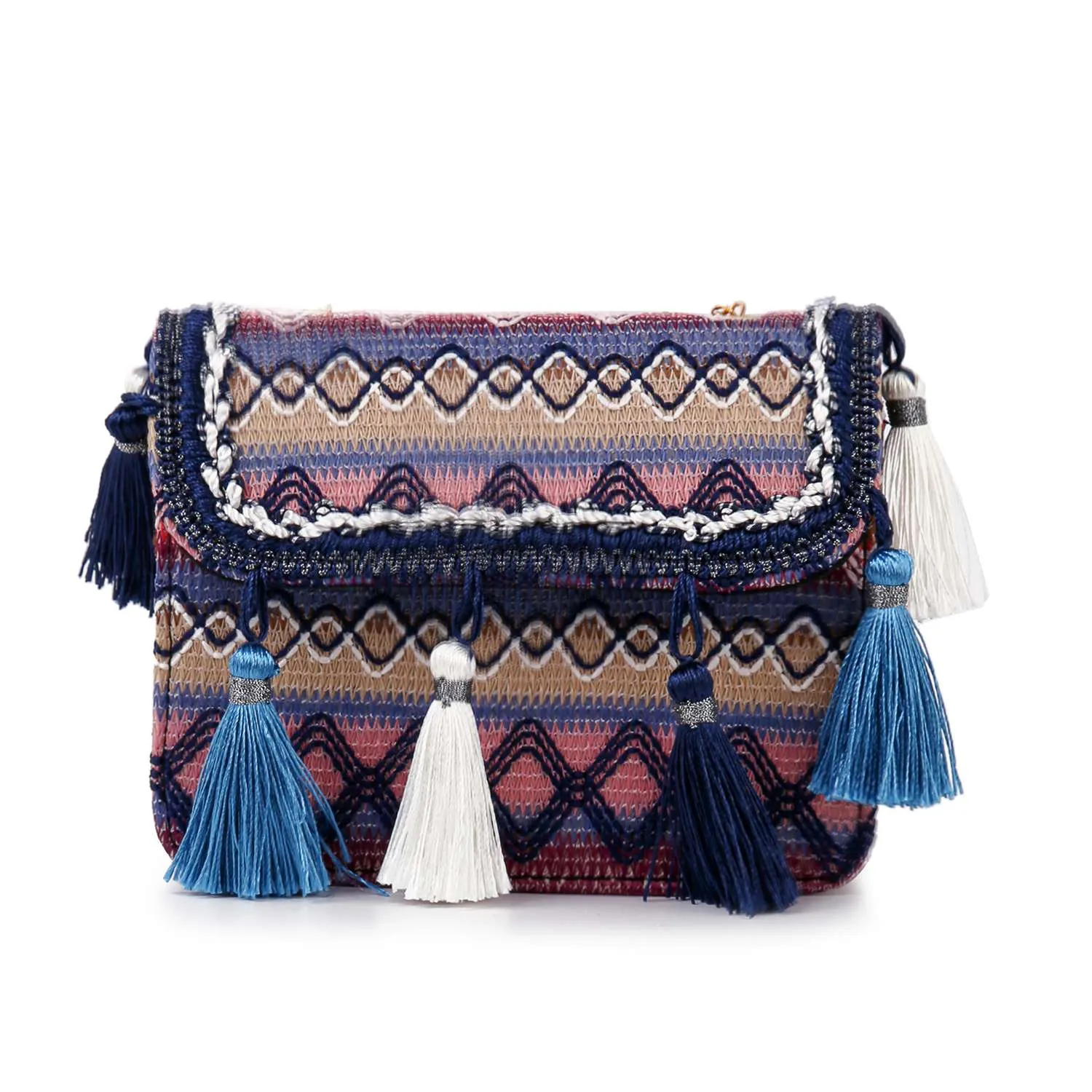 Tassel Accented Woven Design Shoulder Bag