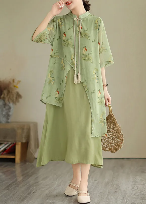 Tasseled Fake Asymmetrical Dresses Print Grass Two Piece Green