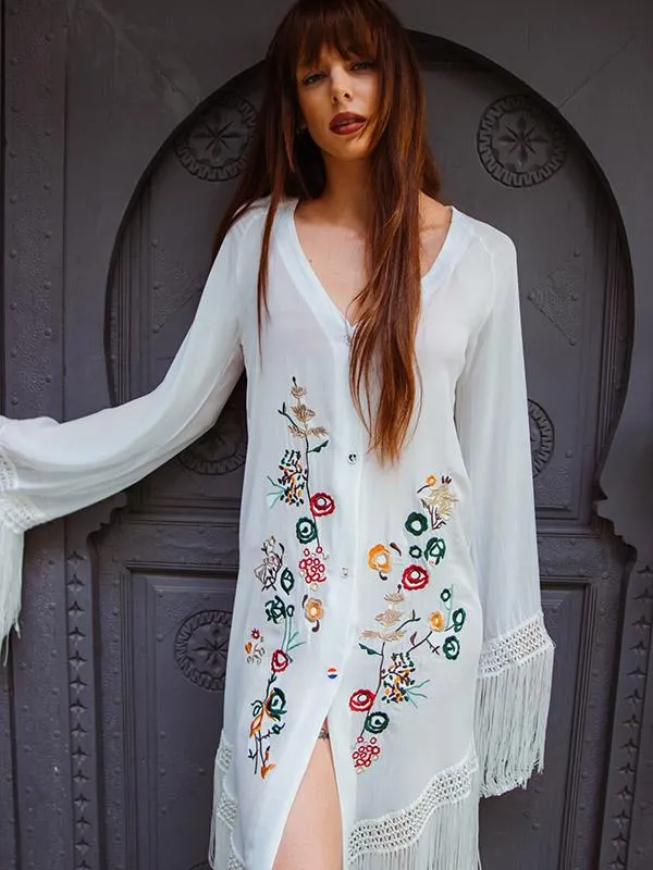 Tasseled Long Sleeves V-neck Midi Dresses