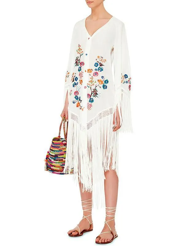Tasseled Long Sleeves V-neck Midi Dresses