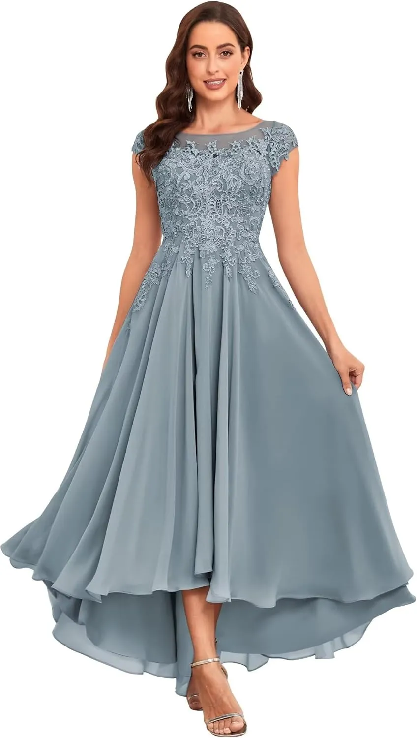 Tea Length Mother of The Bride Dresses for Wedding 2025 Cap Sleeves Lace Chiffon Formal Gown with Pockets