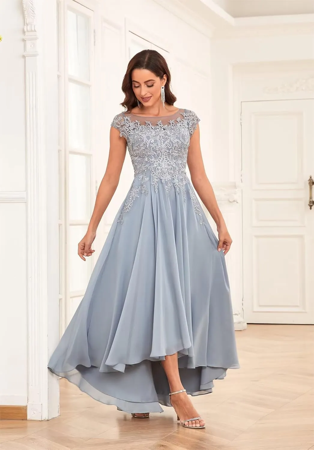 Tea Length Mother of The Bride Dresses for Wedding 2025 Cap Sleeves Lace Chiffon Formal Gown with Pockets