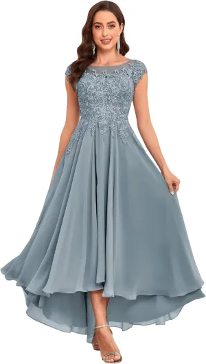 Tea Length Mother of The Bride Dresses for Wedding 2025 Cap Sleeves Lace Chiffon Formal Gown with Pockets