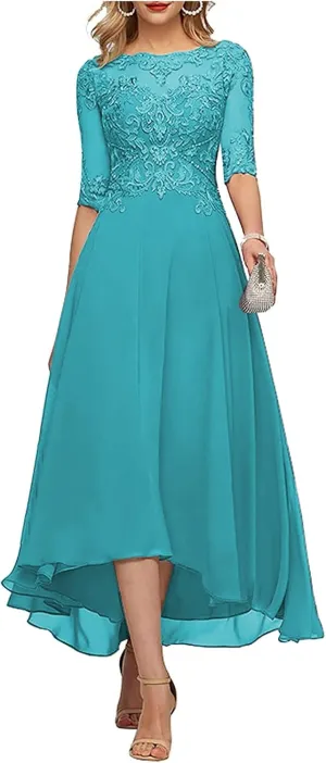 Tea Length Mother of The Bride Dresses for Wedding Half Sleeve Lace Chiffon Formal Evening Party Gown