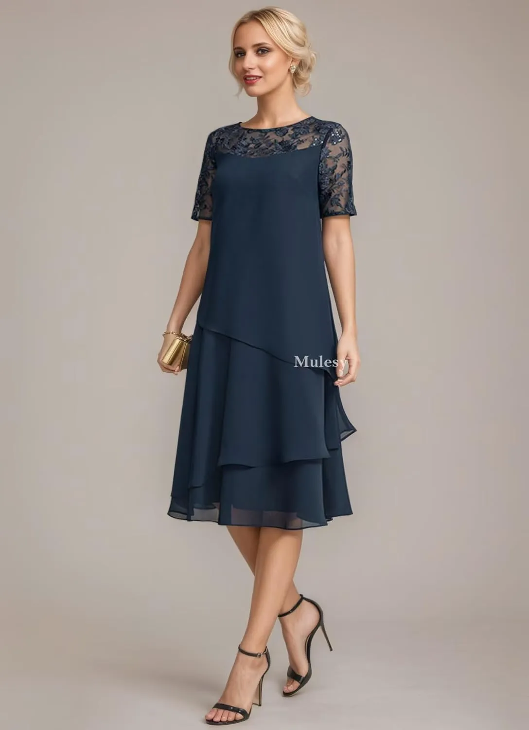 Tea Length Mother of The Bride Dresses for Wedding Lace Appliques Tiered Chiffon Formal Evening Gowns with Sleeves