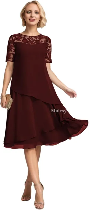Tea Length Mother of The Bride Dresses for Wedding Lace Appliques Tiered Chiffon Formal Evening Gowns with Sleeves