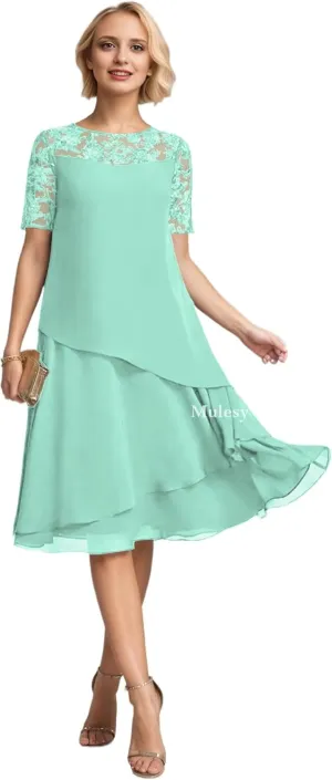 Tea Length Mother of The Bride Dresses for Wedding Lace Appliques Tiered Chiffon Formal Evening Gowns with Sleeves