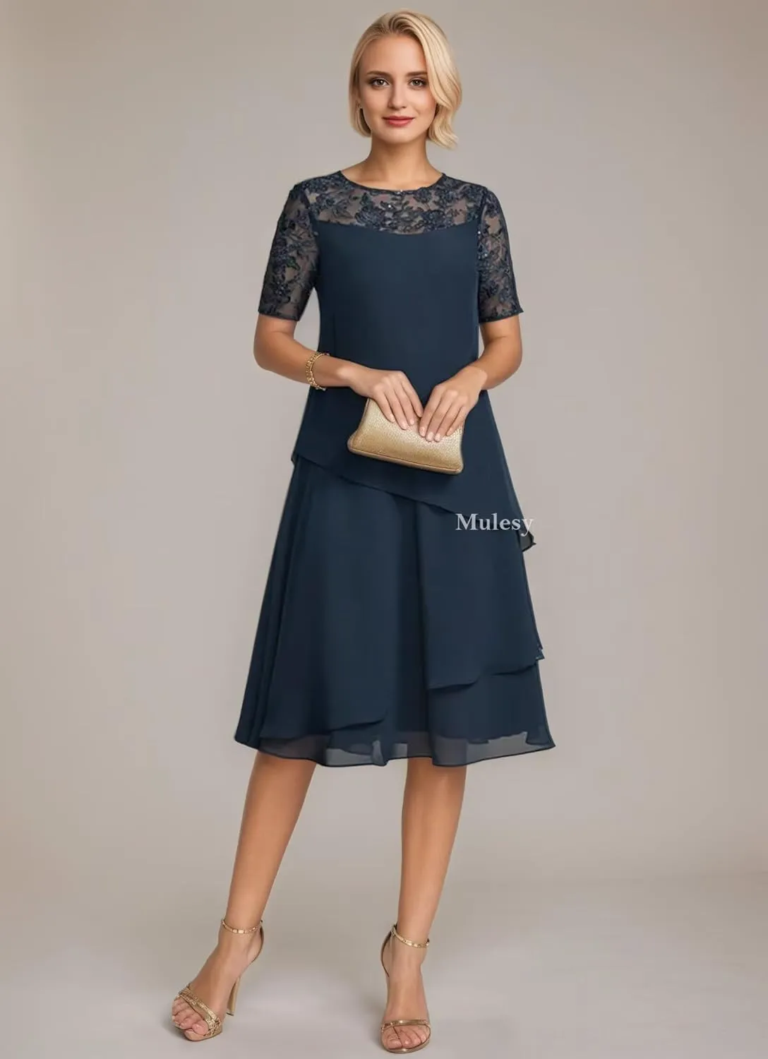 Tea Length Mother of The Bride Dresses for Wedding Lace Appliques Tiered Chiffon Formal Evening Gowns with Sleeves