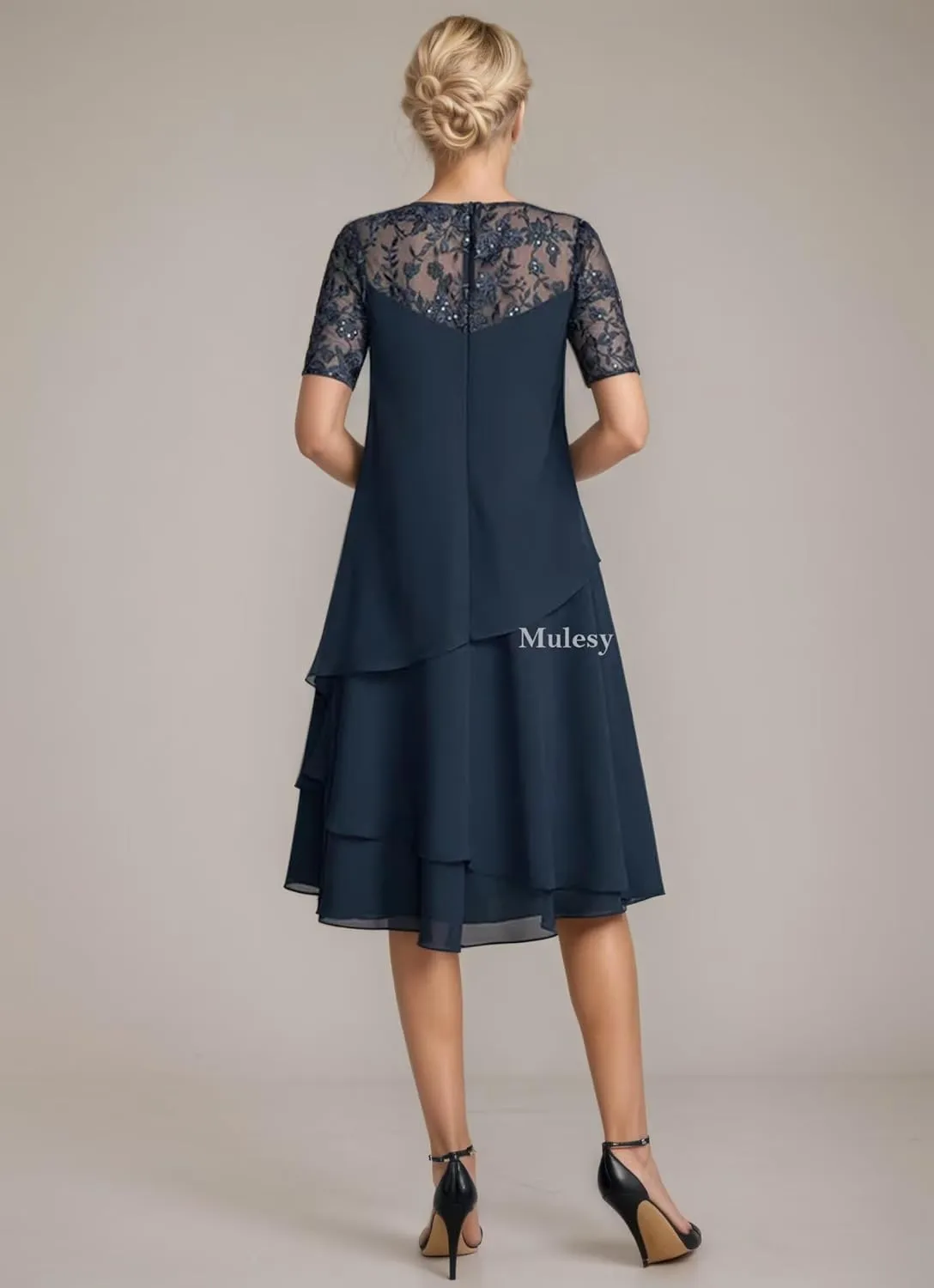 Tea Length Mother of The Bride Dresses for Wedding Lace Appliques Tiered Chiffon Formal Evening Gowns with Sleeves