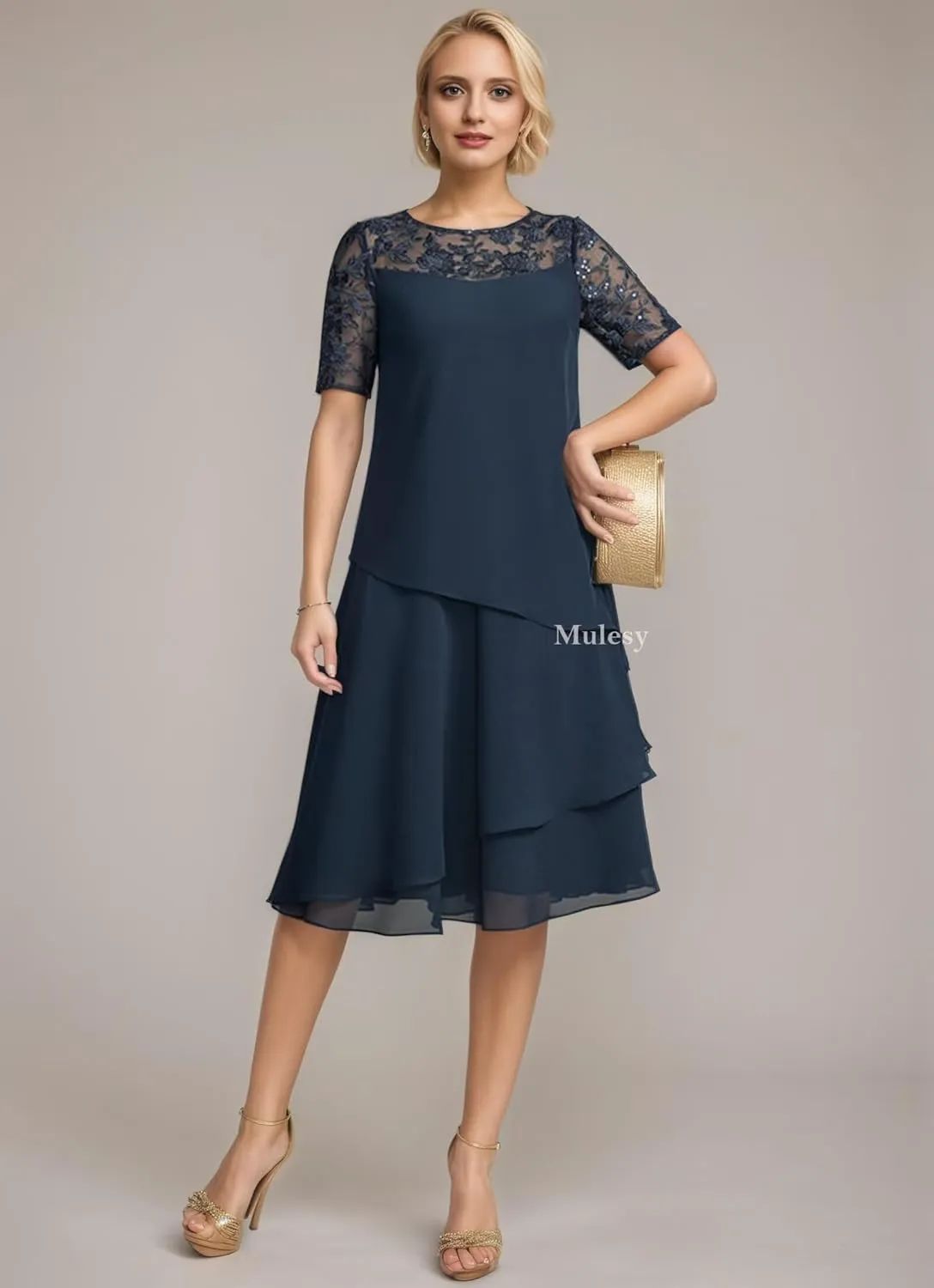 Tea Length Mother of The Bride Dresses for Wedding Lace Appliques Tiered Chiffon Formal Evening Gowns with Sleeves